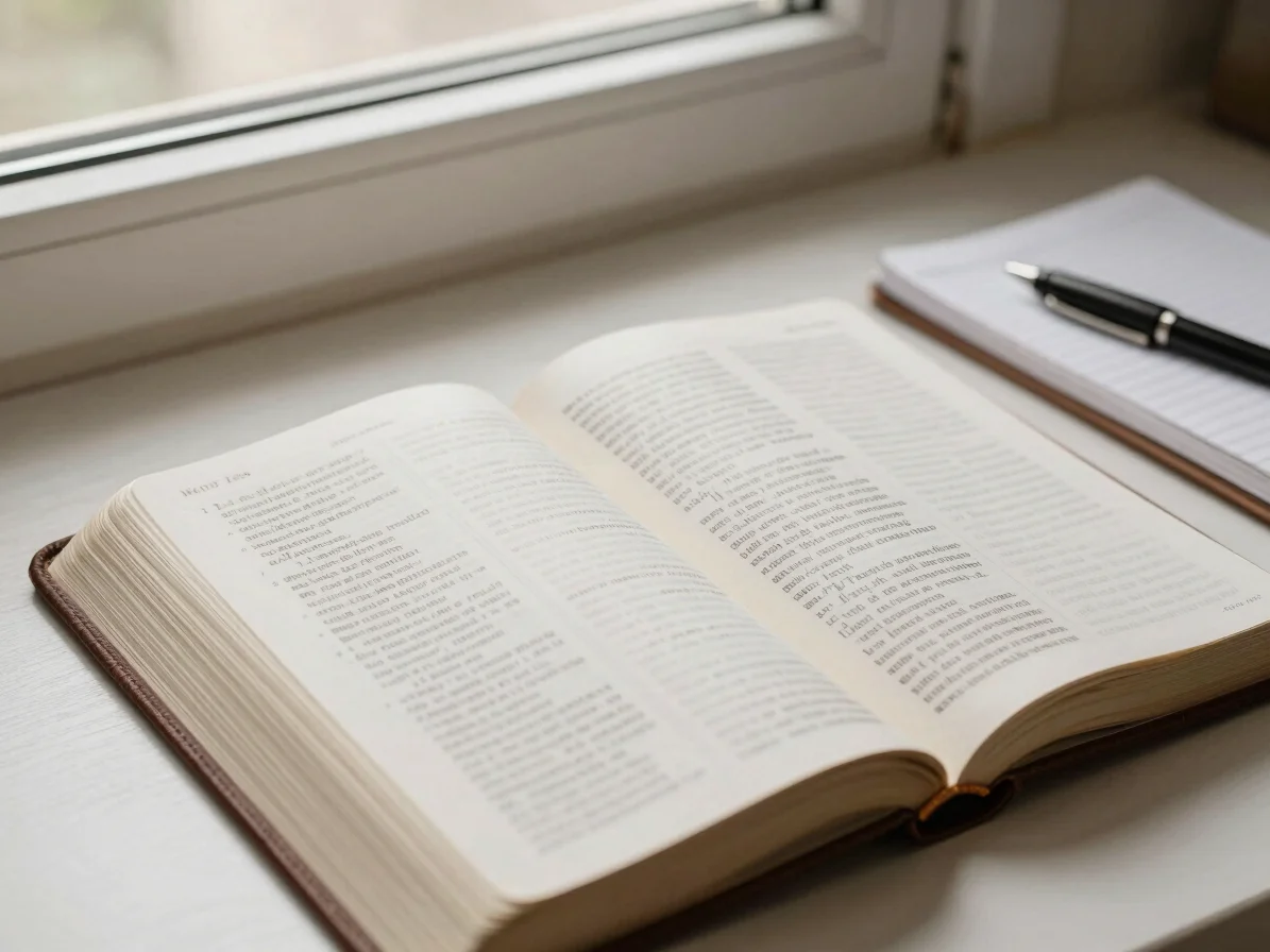 Modern open bible with wide margins for notes, next to a pen and