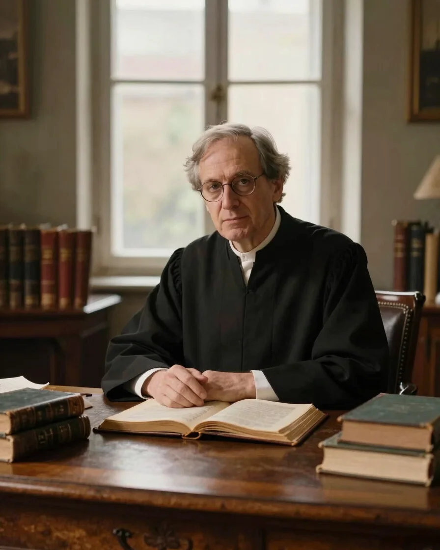 Warm editorial portrait of a theologian sitting at an oak study t