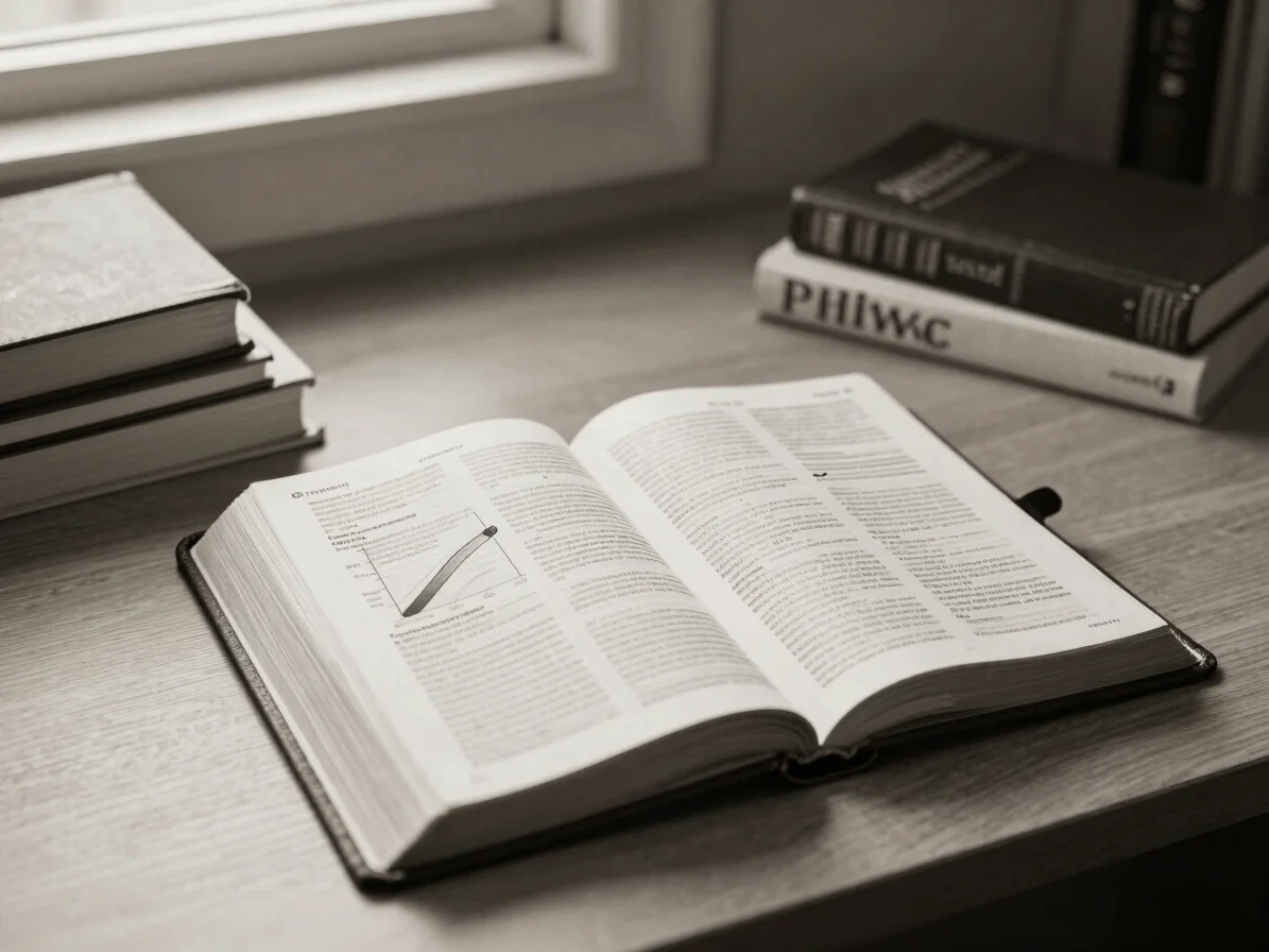 Overhead shot of an academic desk with an open bible, several ref