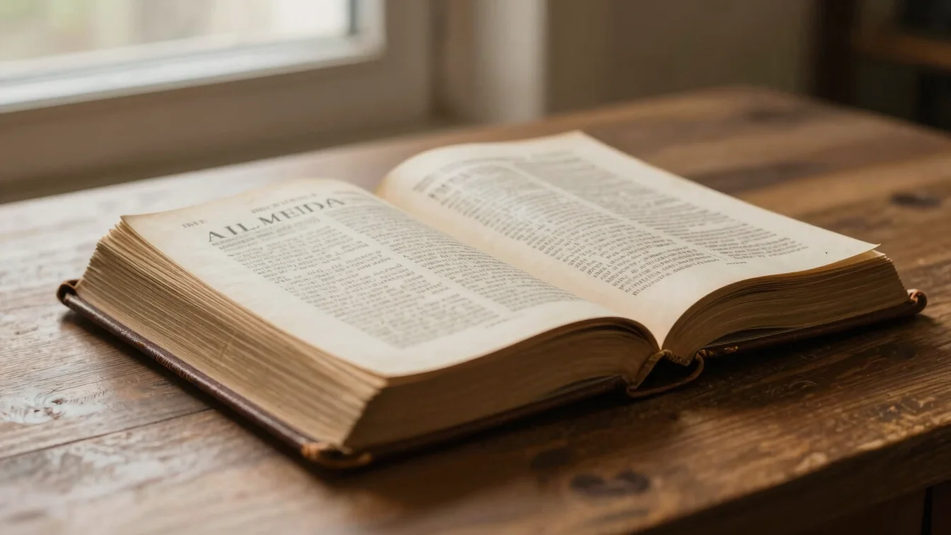 Close-up of a vintage Almeida Revista e Corrigida bible with a wo