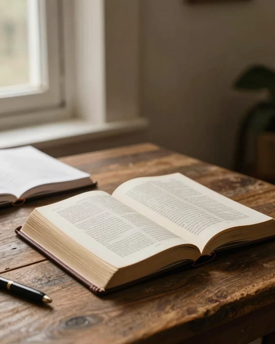 Uma Bíblia de estudo aberta sobre uma mesa de madeira rústica, com um caderno de anotações e uma caneta ao lado, sob luz